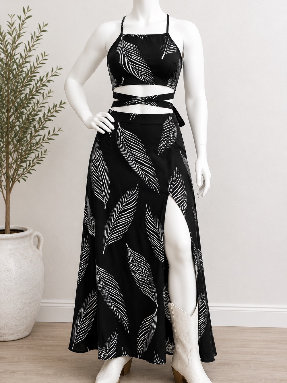 Black Two-Piece Leaf Print Maxi Skirt Set
